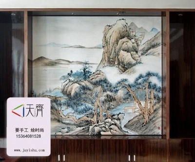 手绘山水电视背景墙,电视背景手绘墙案例